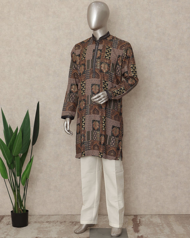 Brown Patchwork Cotton Kurta Pyjama Set Men