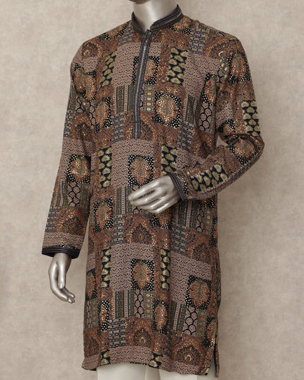 Brown Patchwork Cotton Kurta Pyjama Set Men
