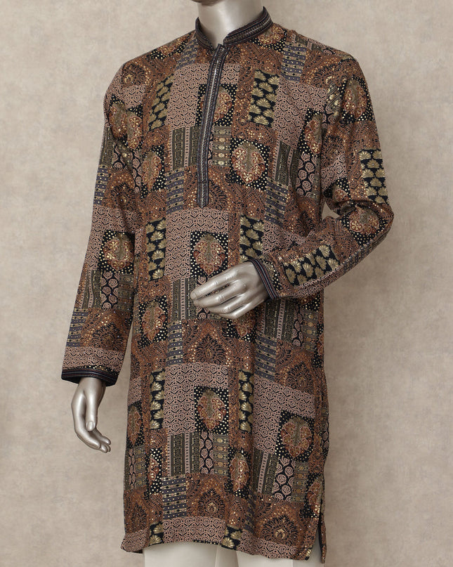 Brown Patchwork Cotton Kurta Pyjama Set Men
