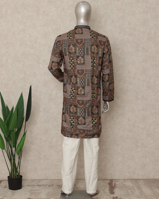 Brown Patchwork Cotton Kurta Pyjama Set Men