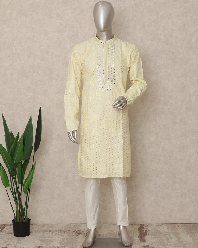 Pale Lemon Cotton Blend Chikankari Kurta Set