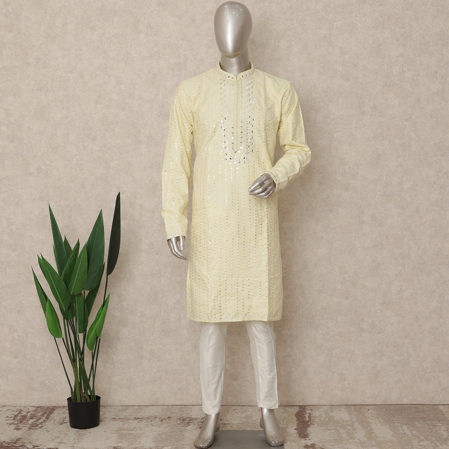 Pale Lemon Cotton Blend Chikankari Kurta Set