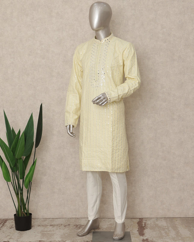 Pale Lemon Cotton Blend Chikankari Kurta Set