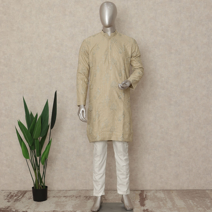 Beige Linen Men's Kurta Pajama - D29295