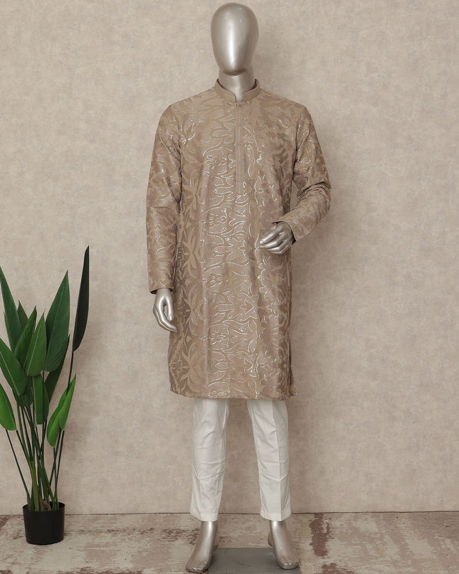 Beige Crepe Men's Kurta Pajama - D29325