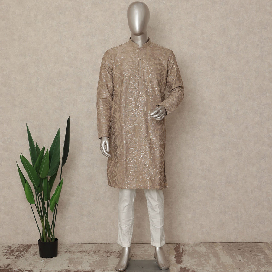 Beige Crepe Men's Kurta Pajama - D29325
