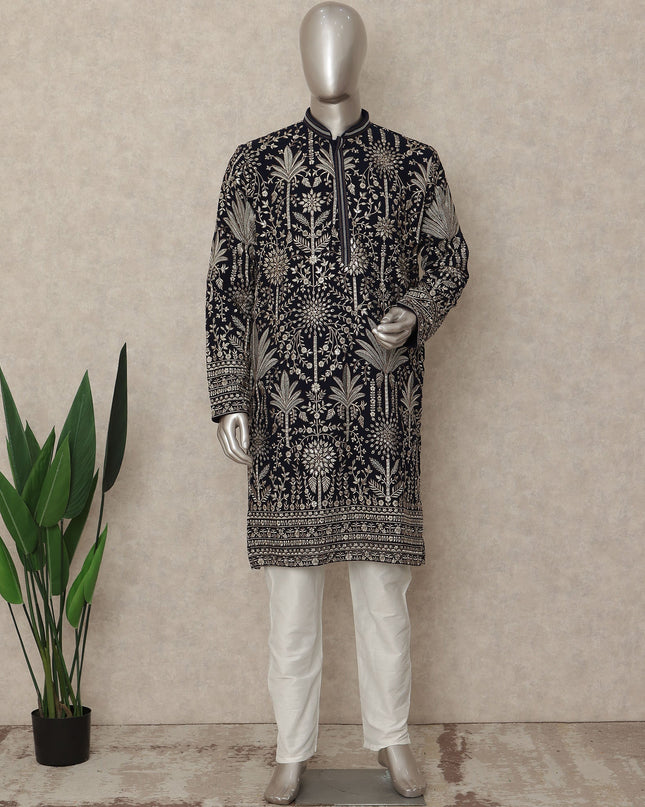 Jet Black Embroidered Georgette Kurta Pyjama Set