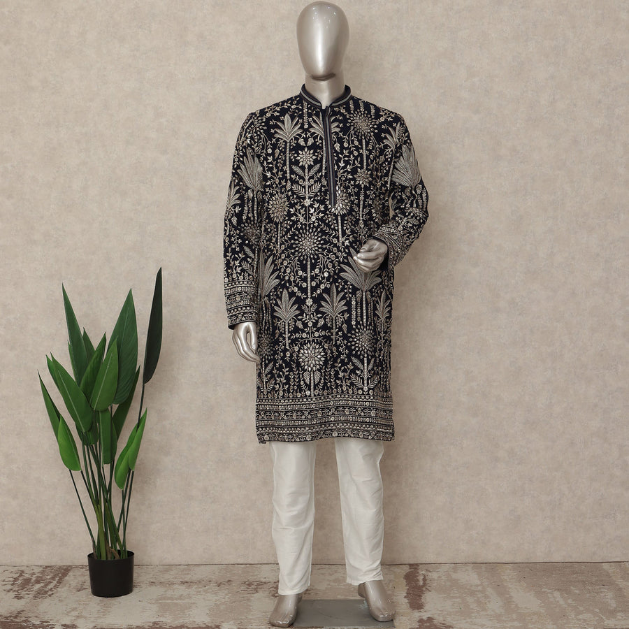 Jet Black Embroidered Georgette Kurta Pyjama Set