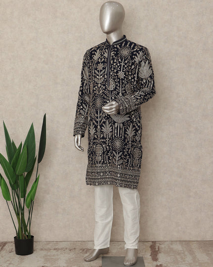 Jet Black Embroidered Georgette Kurta Pyjama Set