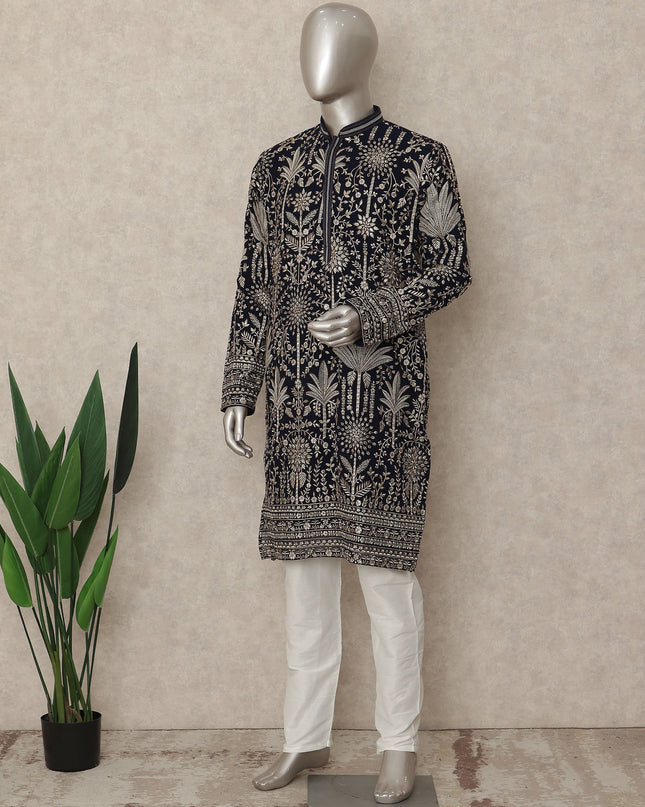 Jet Black Embroidered Georgette Kurta Pyjama Set