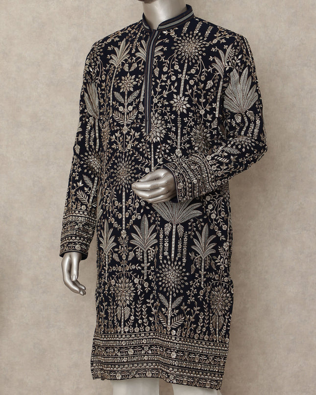 Jet Black Embroidered Georgette Kurta Pyjama Set