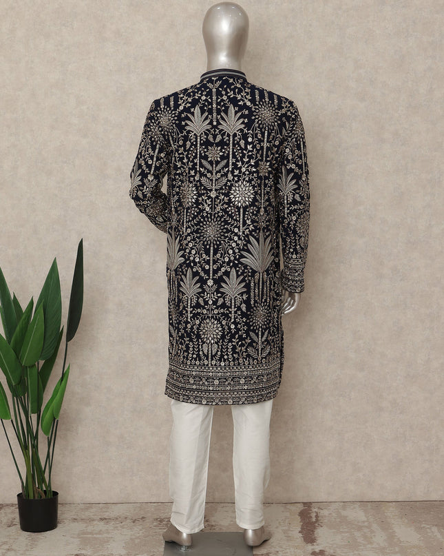 Jet Black Embroidered Georgette Kurta Pyjama Set