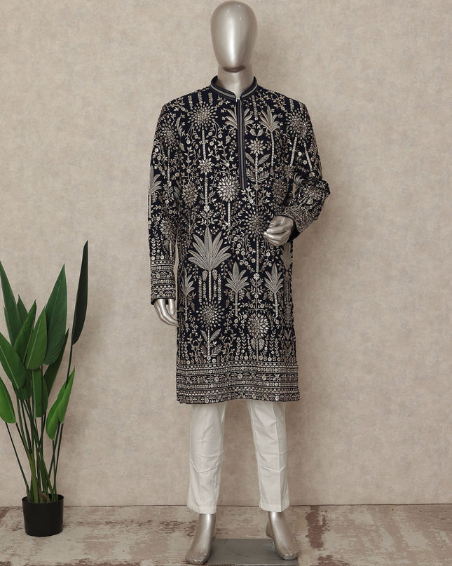 Black Georgette Men's Kurta Pajama - D29324