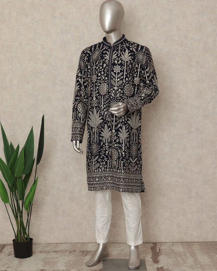 Black Georgette Men's Kurta Pajama - D29324