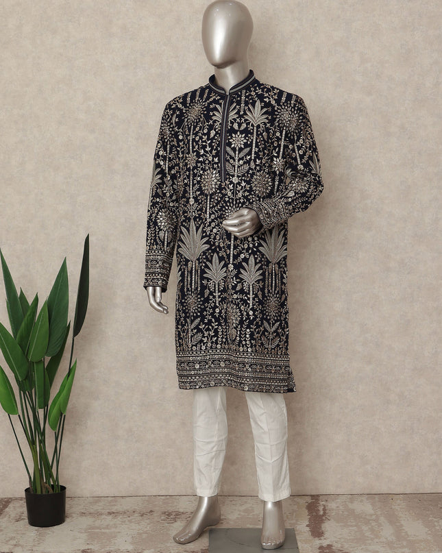 Black Georgette Men's Kurta Pajama - D29324