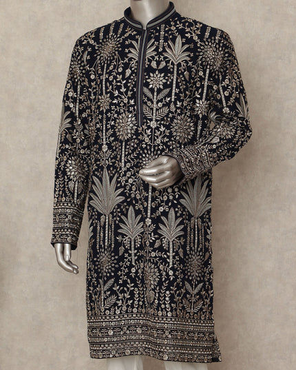 Black Georgette Men's Kurta Pajama - D29324
