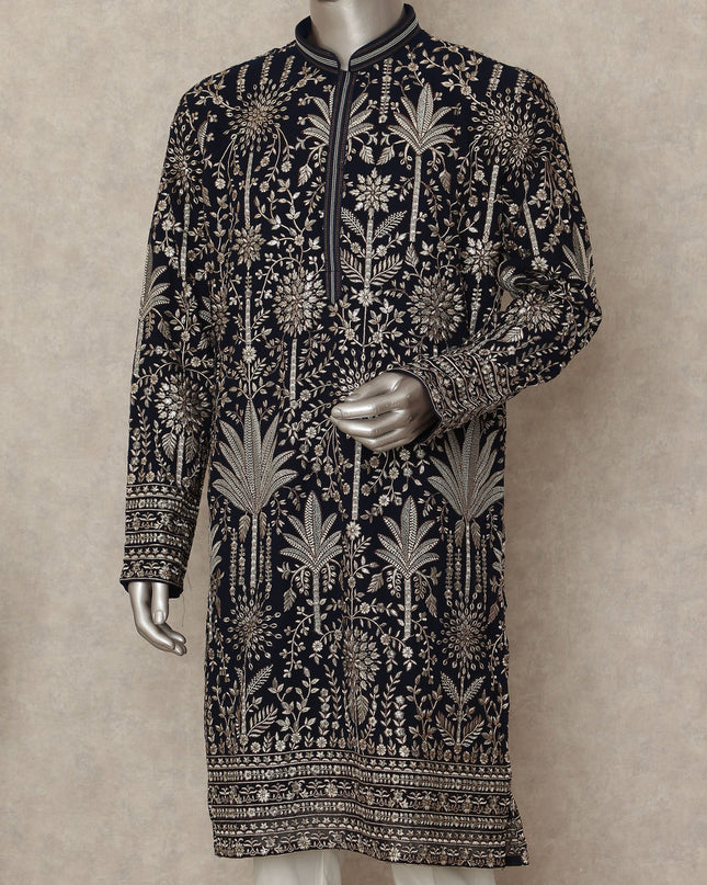 Black Georgette Men's Kurta Pajama - D29324