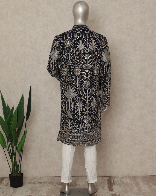 Black Georgette Men's Kurta Pajama - D29324