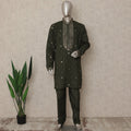 Olive Green Linen Sequin Kurta Pyjama Set Men