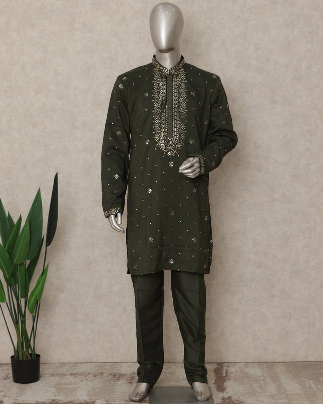 Olive Green Linen Sequin Kurta Pyjama Set Men