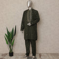 Olive Green Linen Sequin Kurta Pyjama Set Men