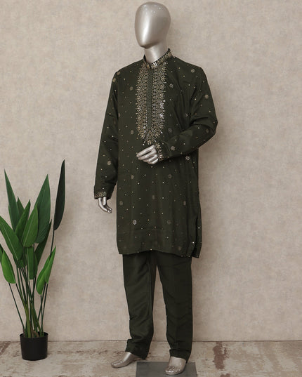 Olive Green Linen Sequin Kurta Pyjama Set Men