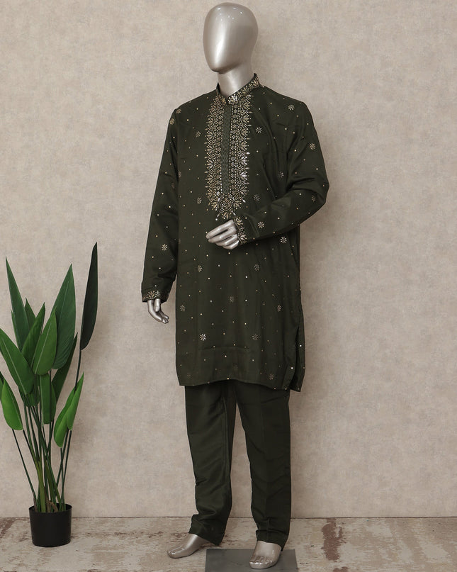 Olive Green Linen Sequin Kurta Pyjama Set Men
