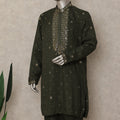 Olive Green Linen Sequin Kurta Pyjama Set Men
