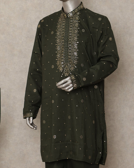 Olive Green Linen Sequin Kurta Pyjama Set Men
