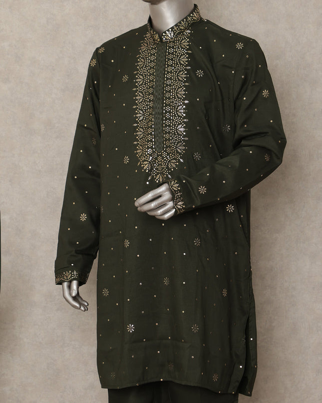 Olive Green Linen Sequin Kurta Pyjama Set Men