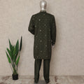 Olive Green Linen Sequin Kurta Pyjama Set Men