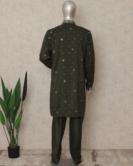 Olive Green Linen Sequin Kurta Pyjama Set Men