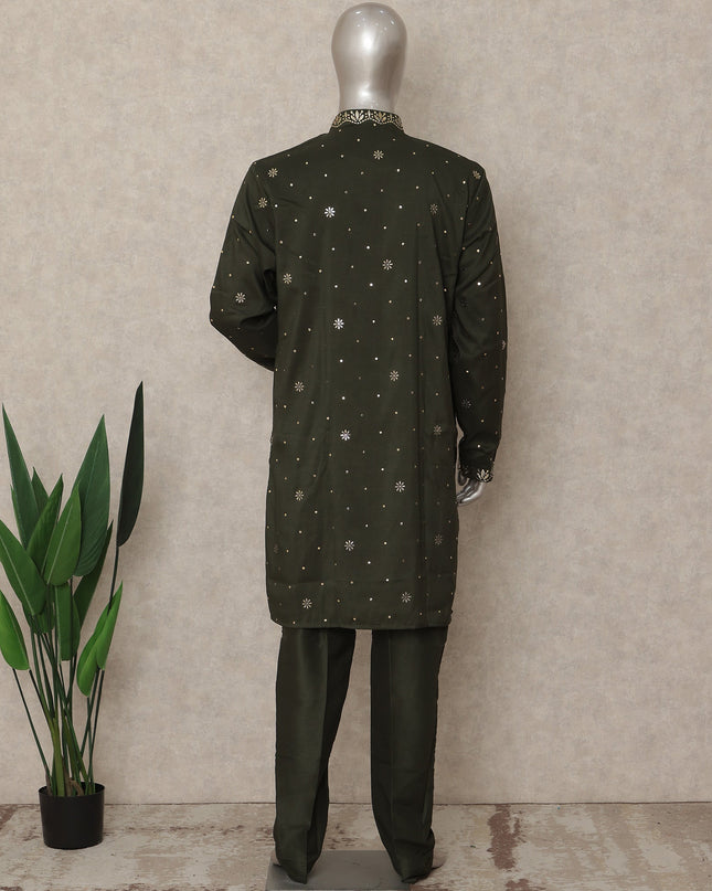 Olive Green Linen Sequin Kurta Pyjama Set Men