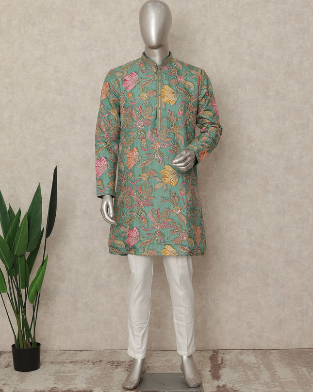 Green Raw Silk Men's Kurta Pajama - D29313