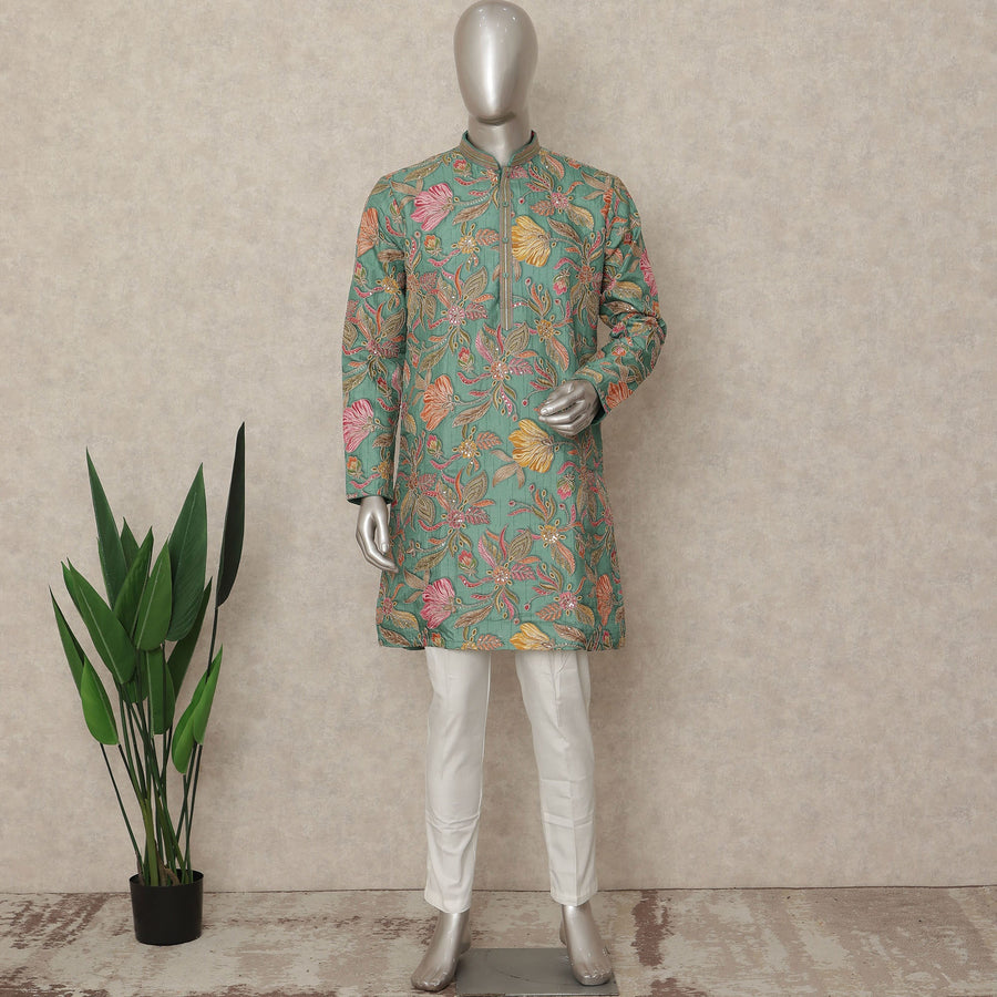 Green Raw Silk Men's Kurta Pajama - D29313