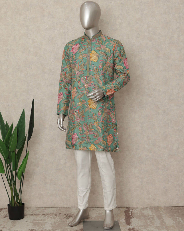 Green Raw Silk Men's Kurta Pajama - D29313