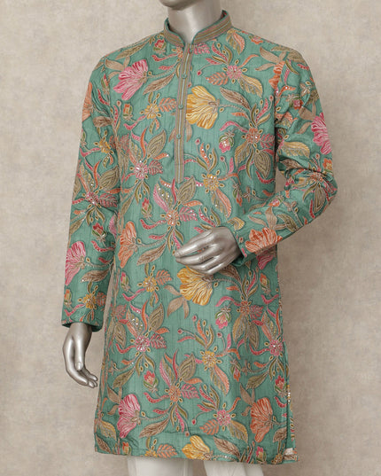 Green Raw Silk Men's Kurta Pajama - D29313