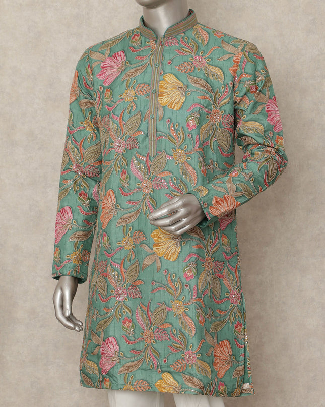 Green Raw Silk Men's Kurta Pajama - D29313