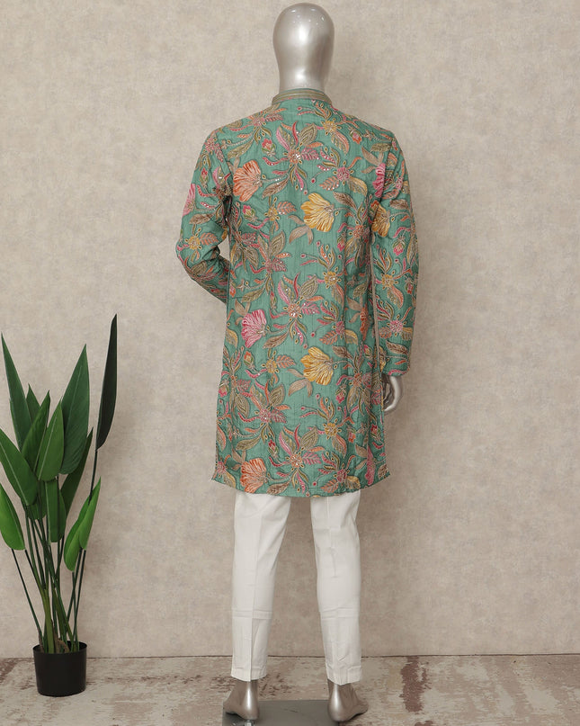 Green Raw Silk Men's Kurta Pajama - D29313