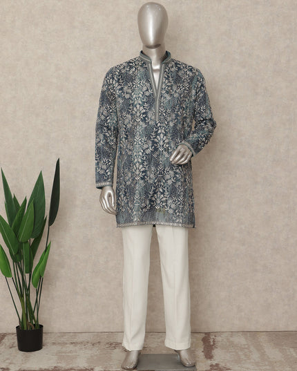 Indigo Blue Cotton Floral Kurta Pyjama Set Men