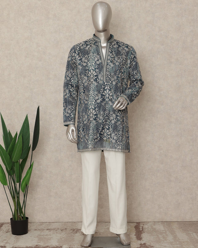 Indigo Blue Cotton Floral Kurta Pyjama Set Men