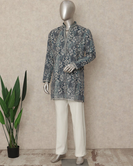 Indigo Blue Cotton Floral Kurta Pyjama Set Men