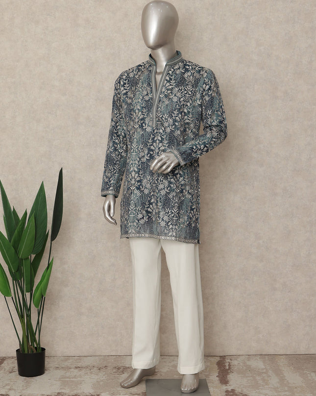 Indigo Blue Cotton Floral Kurta Pyjama Set Men