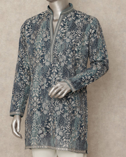 Indigo Blue Cotton Floral Kurta Pyjama Set Men