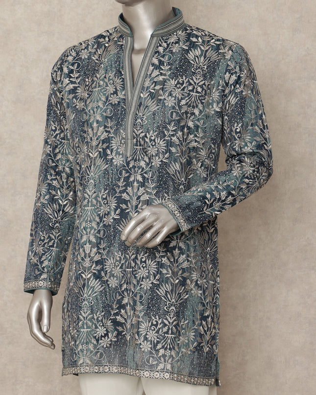 Indigo Blue Cotton Floral Kurta Pyjama Set Men