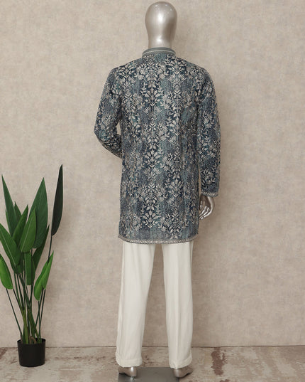 Indigo Blue Cotton Floral Kurta Pyjama Set Men