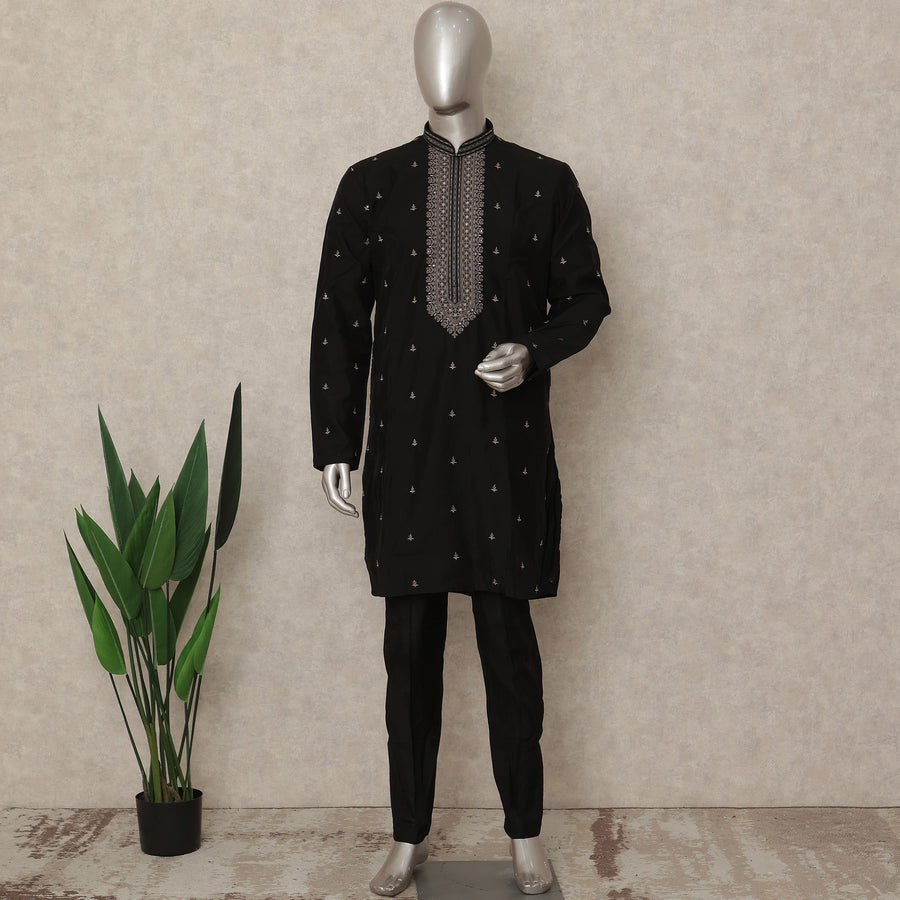 Black Silk Men's Kurta Pajama - D29292