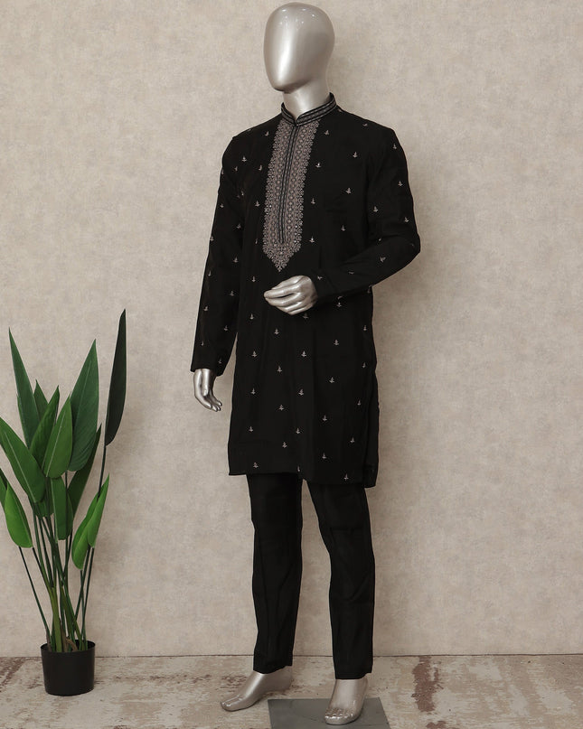 Black Silk Men's Kurta Pajama - D29292