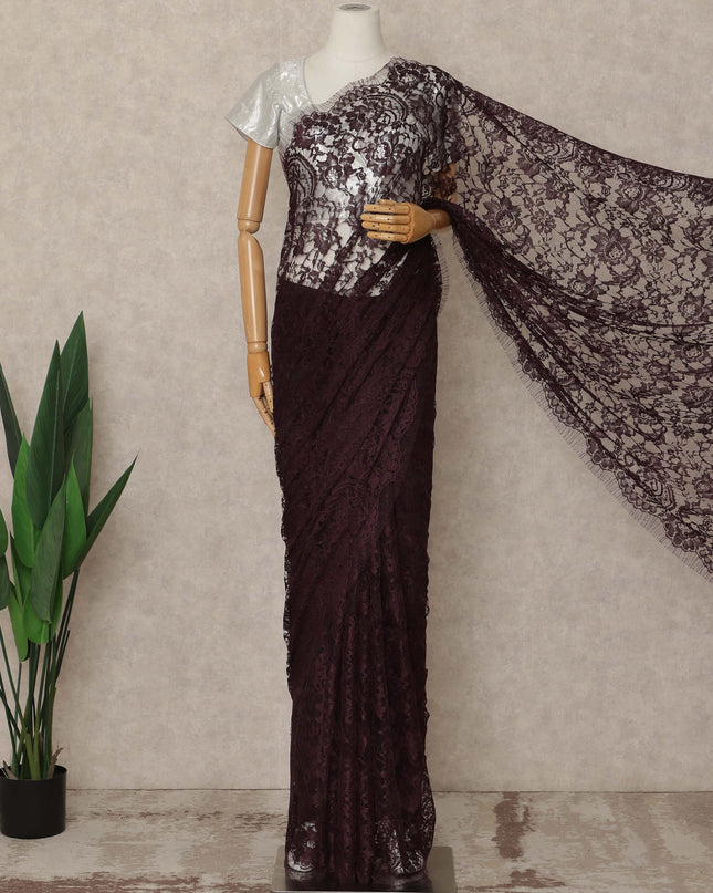 Deep Plum Premium French 2 Tone Chantilly Saree Lace 5.5 Mtrs Length 110 Cms Width Designer Net Fabric Made In France, Blouse Not Included-D28119