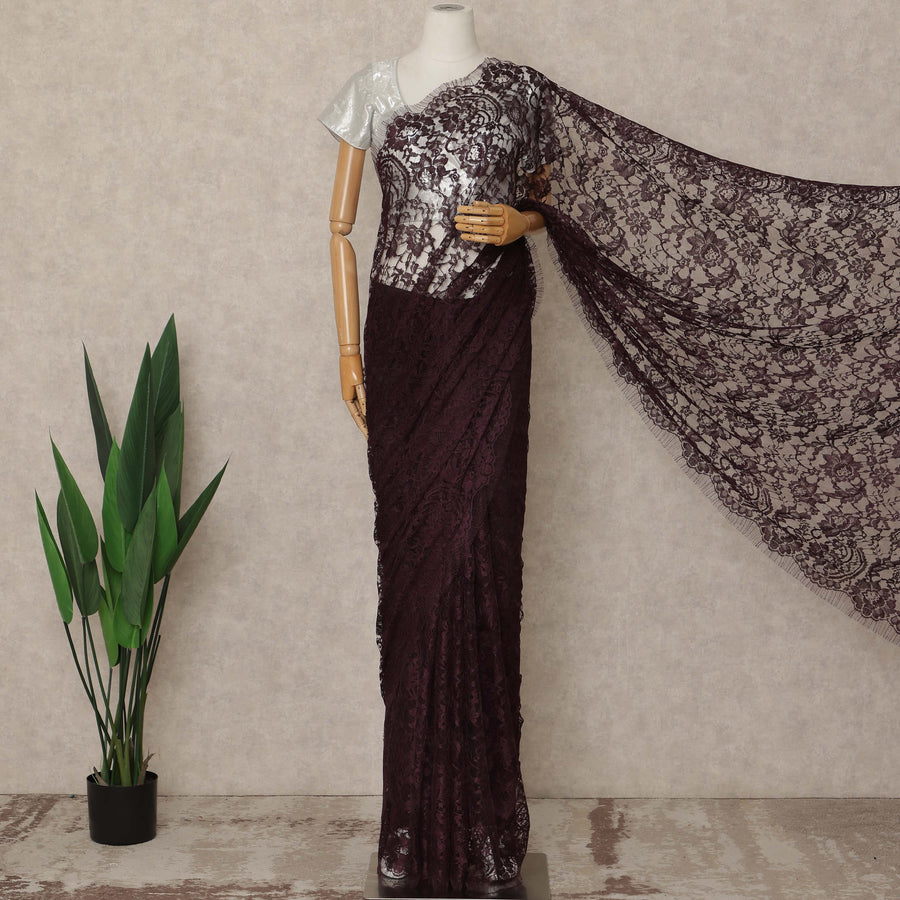 Deep Plum Premium French 2 Tone Chantilly Saree Lace 5.5 Mtrs Length 110 Cms Width Designer Net Fabric Made In France, Blouse Not Included-D28119 Regal Fabrics